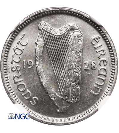 Irlandia, wolny stan. 3 Pence (Pensy) 1928, zając, Londyn - NGC MS 65
