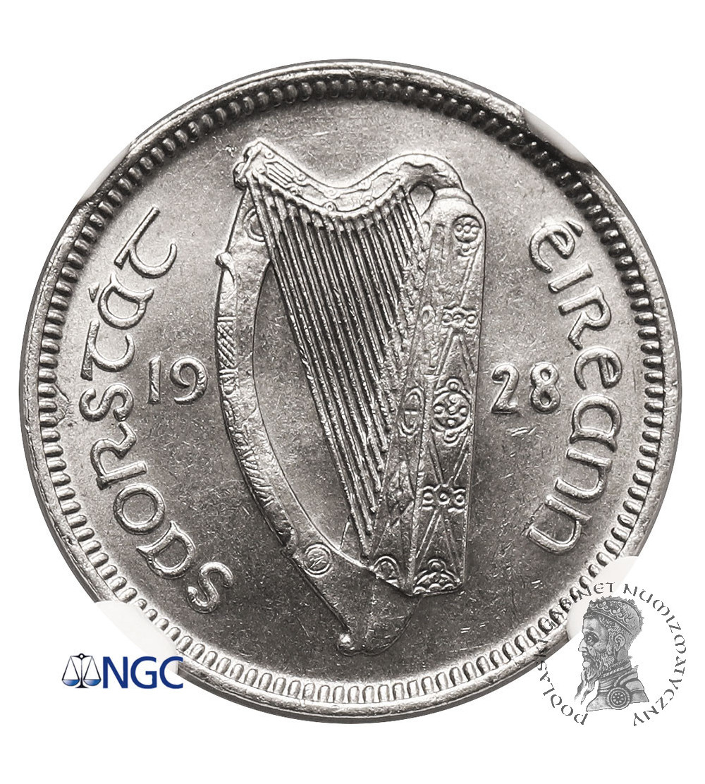 Ireland, Free State. 3 Pence 1928, Hare, London Mint - NGC MS 65