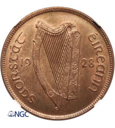 Irlandia, wolny stan. 1 Penny (Pens) 1928, kura, Londyn - NGC MS 65