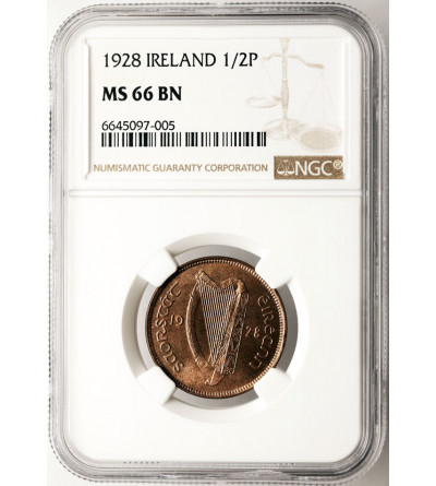 Irlandia, wolny stan. 1/2 Penny (1/2 Pensa) 1928, locha z prosiętami, Londyn - NGC MS 66 BN Top Pop!!