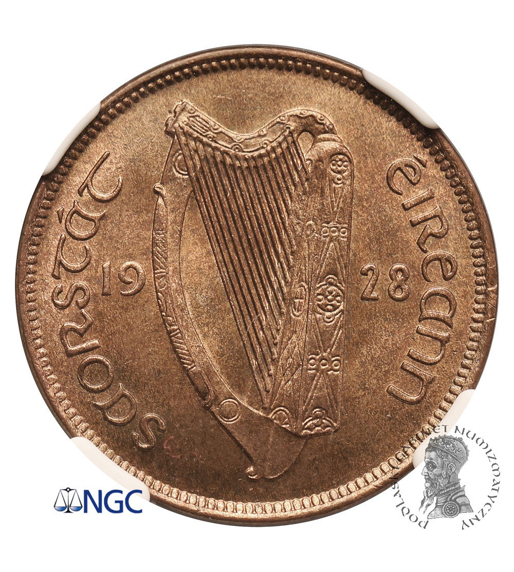 Irlandia, wolny stan. 1/2 Penny (1/2 Pensa) 1928, locha z prosiętami, Londyn - NGC MS 66 BN Top Pop!!