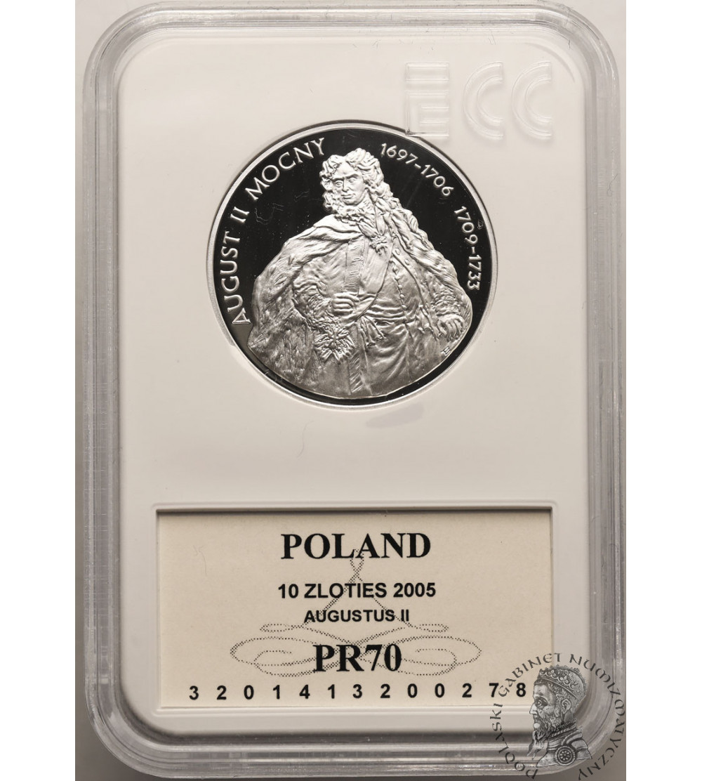 Polska.10 złotych 2005, August II Mocny - półpostać, GCN ECC PR 70