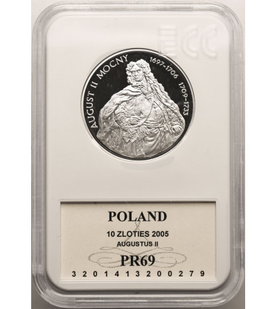 Polska.10 złotych 2005, August II Mocny - półpostać, GCN ECC PR 69