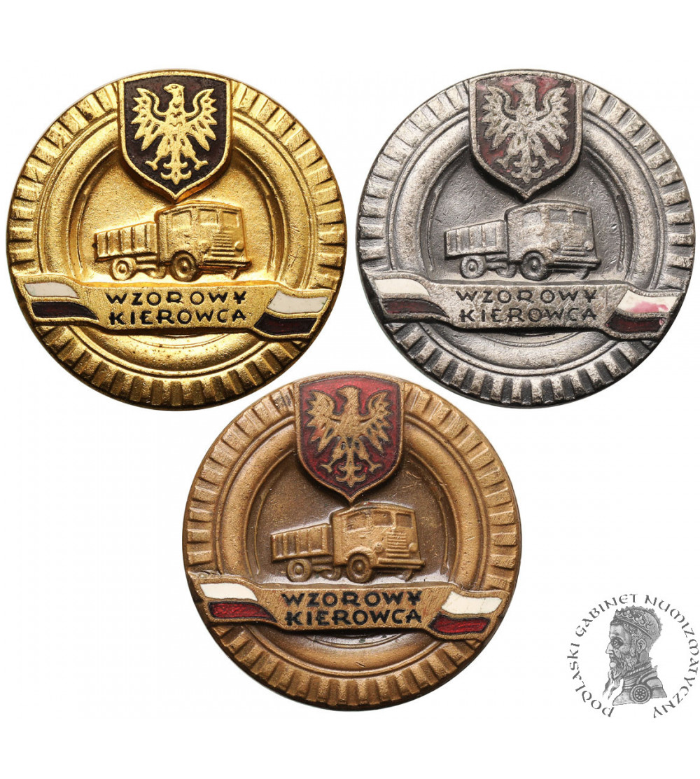 Polska, PRL (1952-1989). Zestaw trzech odznak Wzorowy Kierowca: Złota, Srebrna, Brązowa