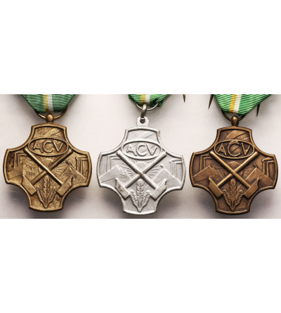 Belgia. Zestaw trzech medali ACV (Algemeen Christelijk Vakverbond): złoty, srebrny i brązowy