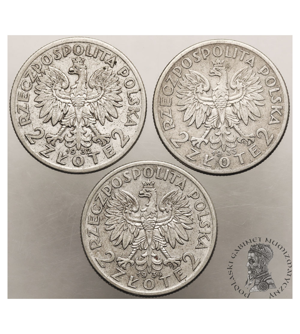 Polska. Zestaw 2 złote 1932, 1933, 1934, Warszawa, głowa kobiety