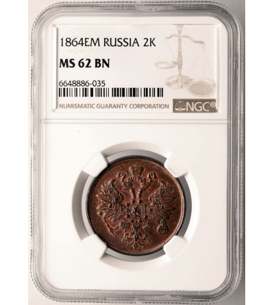 Rosja, Aleksander II 1854-1881. 2 kopiejki 1864 EM, Jekaterinburg - NGC MS 62 BN