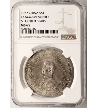 China, Republic. Dollar 1927, Sun Yat-Sen Memento - NGC MS 65 (six-pointed stars variety)