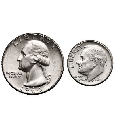 USA. Set of 25 Cents and 1 Dime 1964 D, Denver - “Washington Silver Quarter”, “Roosevelt Silver Dime”