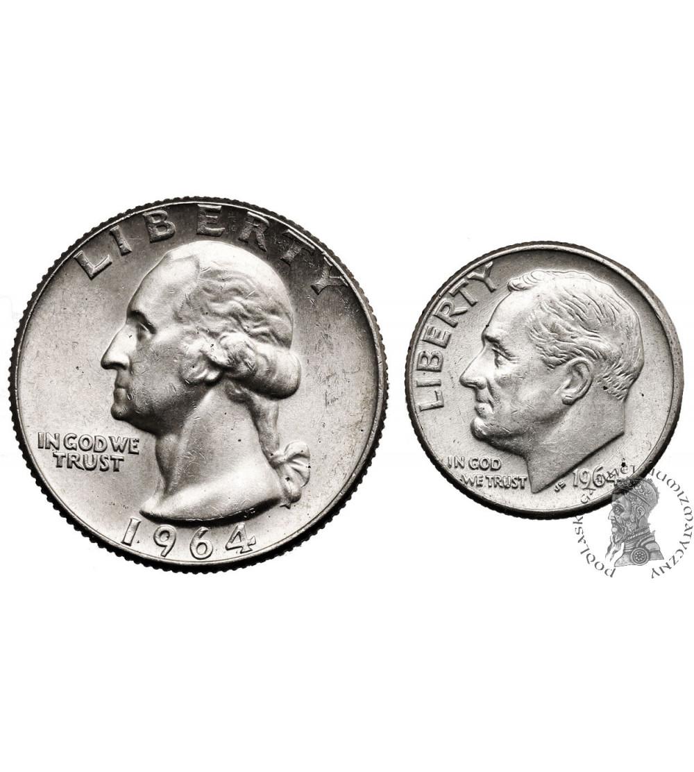 USA. Set of 25 Cents and 1 Dime 1964 D, Denver - “Washington Silver Quarter”, “Roosevelt Silver Dime”