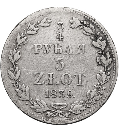 Polska - zabór rosyjski. 3/4 rubla 5 złotych 1839 MW, Warszawa, Mikołaj I