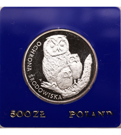 Poland, PRL (1952-1989). 500 Zlotych 1986, Owl with young, Environmental Protection series