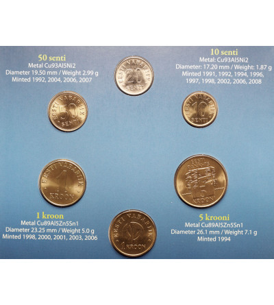 Estonia. Set of 5 circulation coins and commemorative 1 Kroon coin, 1992 - 2010