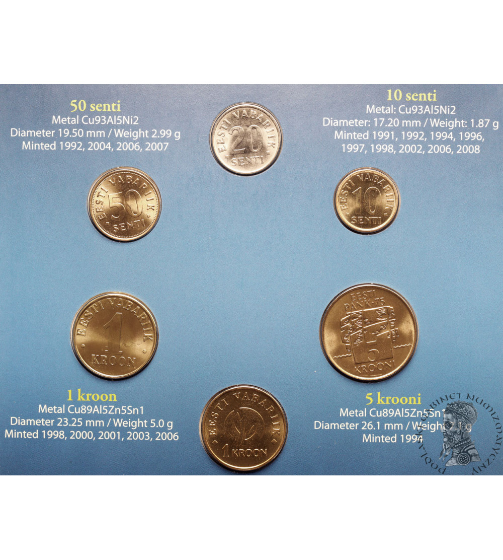Estonia. Set of 5 circulation coins and commemorative 1 Kroon coin, 1992 - 2010