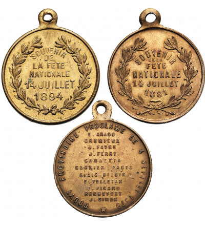 France. Set of three medals: la Fête Nationale (14.07.1879) 1881, 1894 and Proclamation of the Republic on September 4, 1870