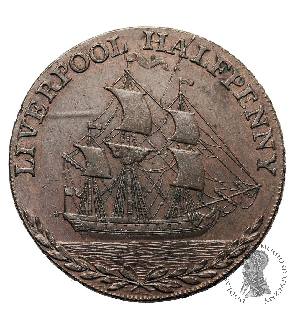 Great Britain, Lancashire, Liverpool. 1/2 (Half) Penny Token 1791, Sailing ship, (Conder tokens 1787-1797)