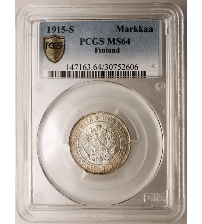 Finlandia, (okupacja rosyjska). 1 Markka 1915 S, Mikołaj II 1894-1917 - PCGS MS 64