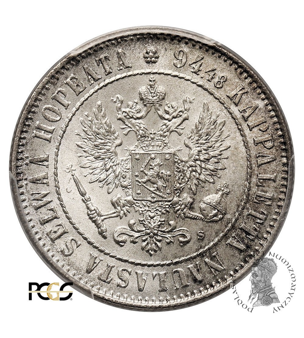 Finlandia, (okupacja rosyjska). 1 Markka 1915 S, Mikołaj II 1894-1917 - PCGS MS 65