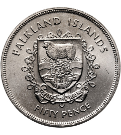 Falkland Islands. 50 Pence / 1 Crown 1977, 25th Anniversary of Queen Elizabeth II's accession to the throne