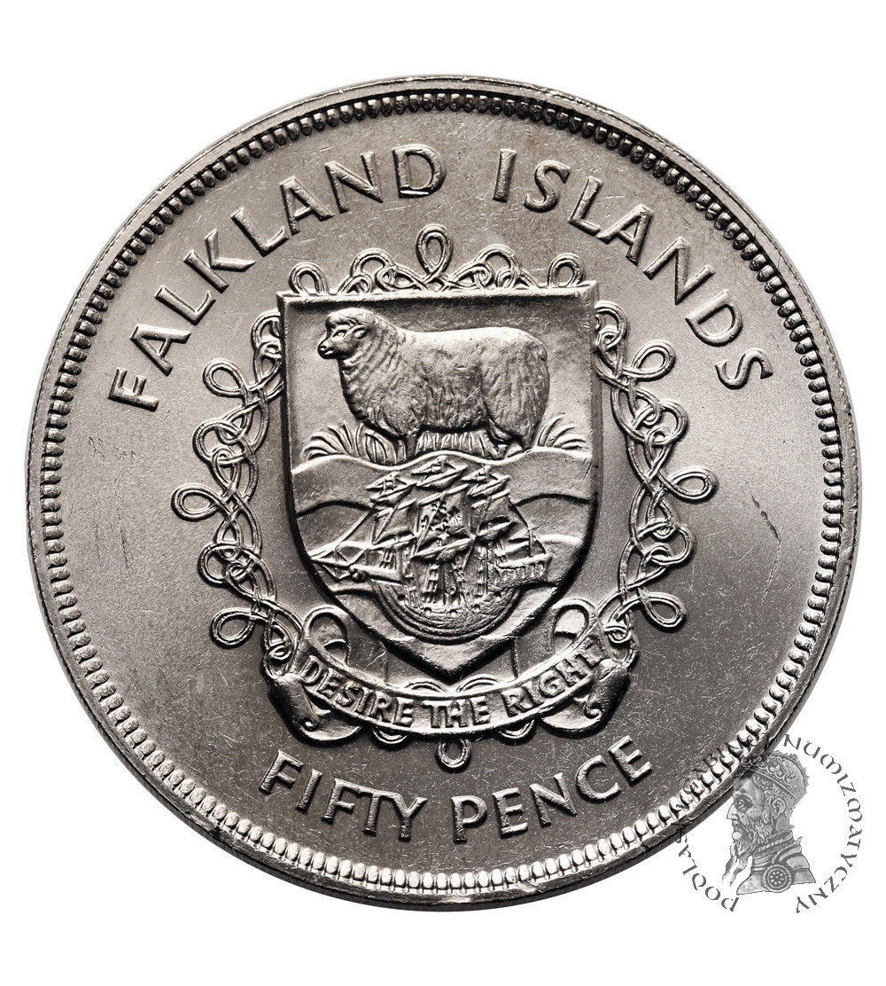 Falkland Islands. 50 Pence / 1 Crown 1977, 25th Anniversary of Queen Elizabeth II's accession to the throne