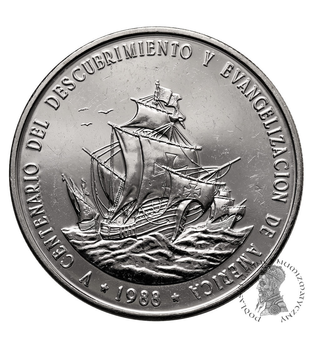 Dominican Republic. 1 Peso 1988, Sailing with the ships Santa Maria, Pinta and Niña