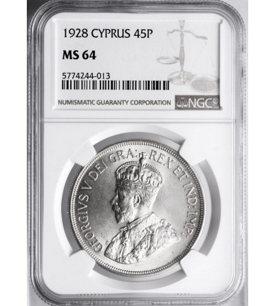 Cypr 45 Piastres 1928, Jerzy V - NGC MS 64