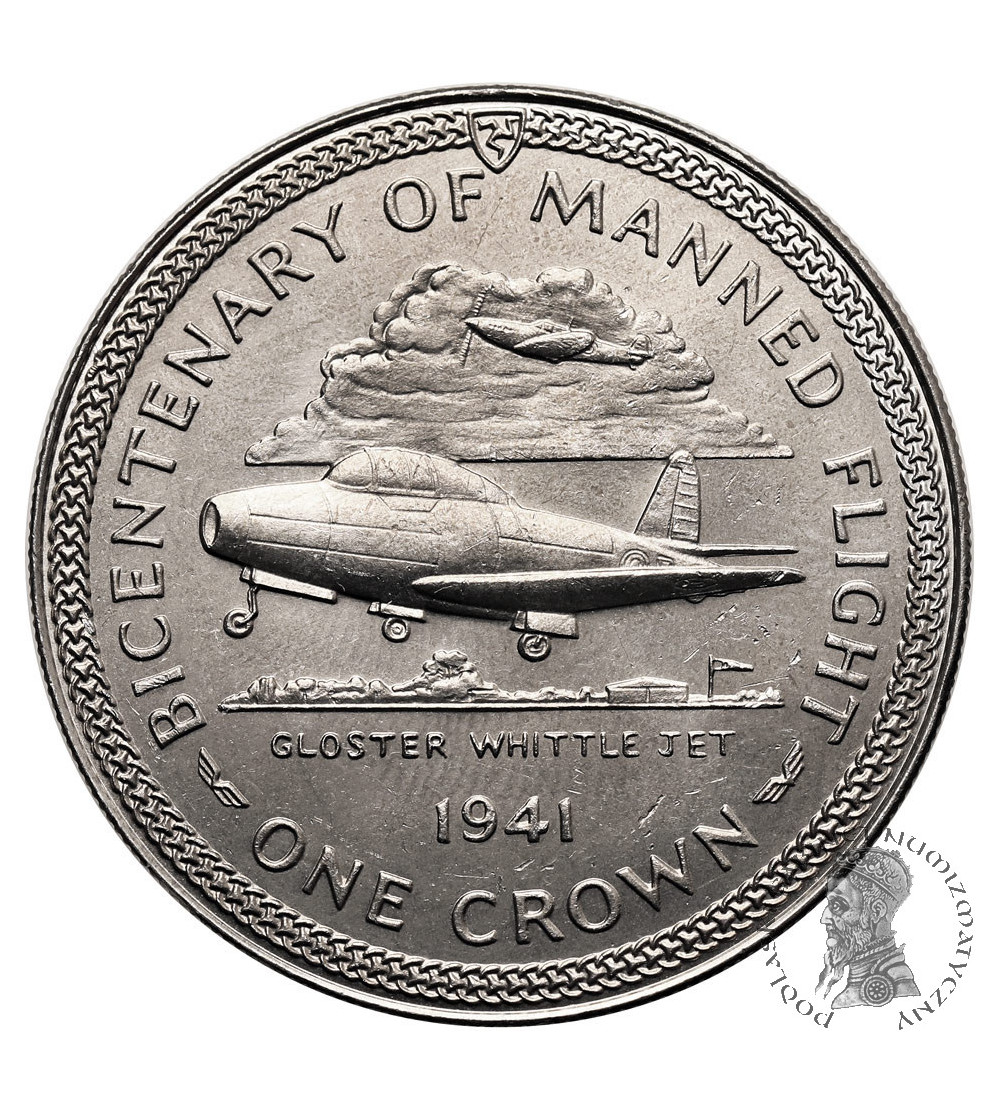 Isle of Man. 1 Crown 1983, Gloster Whittle, 200th Anniversary of Manned Flight