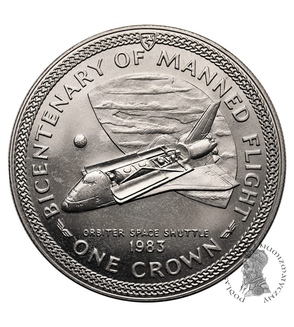 Isle of Man. 1 Crown 1983, Orbiter Space Shuttle, 200th Anniversary of Manned Flight