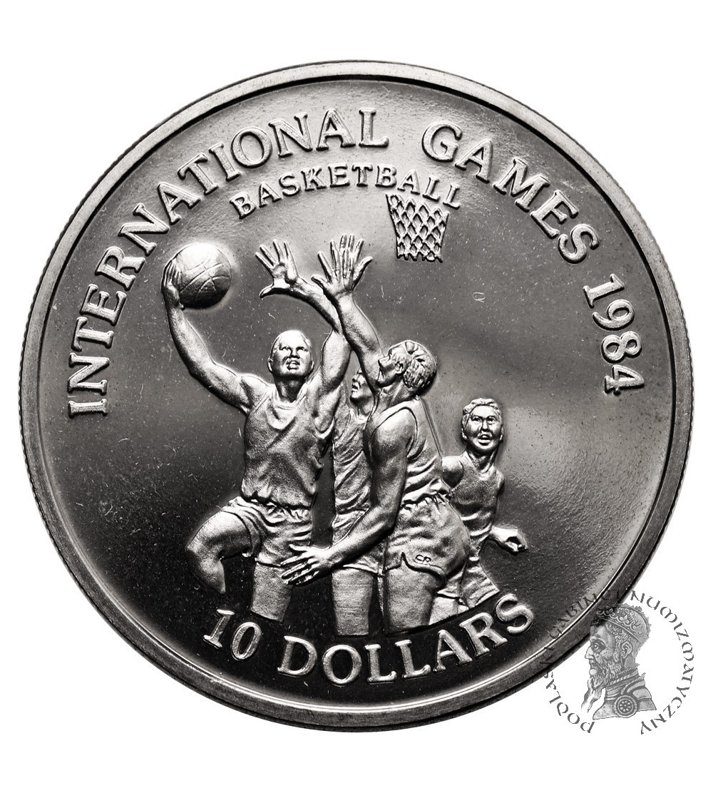 Liberia. 10 Dollars 1984, International Games - Basketball