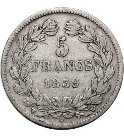 France, Louis-Philippe (1830-1848). 5 Francs 1839 W, Lille Mint