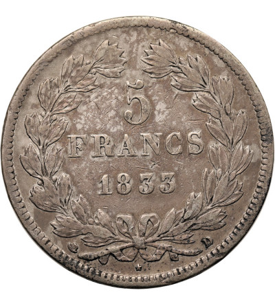 France, Louis-Philippe (1830-1848). 5 Francs 1833 D, Lyon Mint