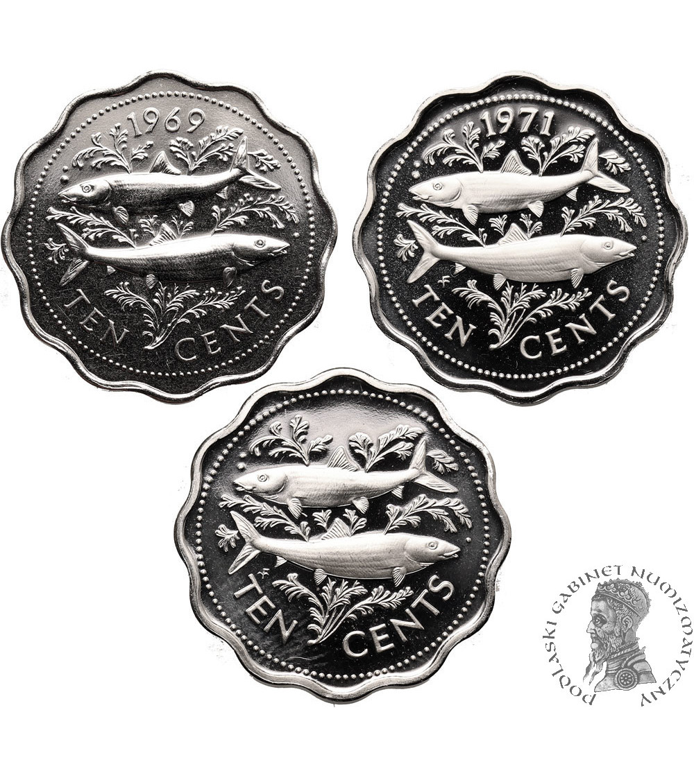 Bahamy, Elżbieta II (1952-2022). Zestaw 10 centów 1969, 1971, 1974, Proof - 3 sztuki