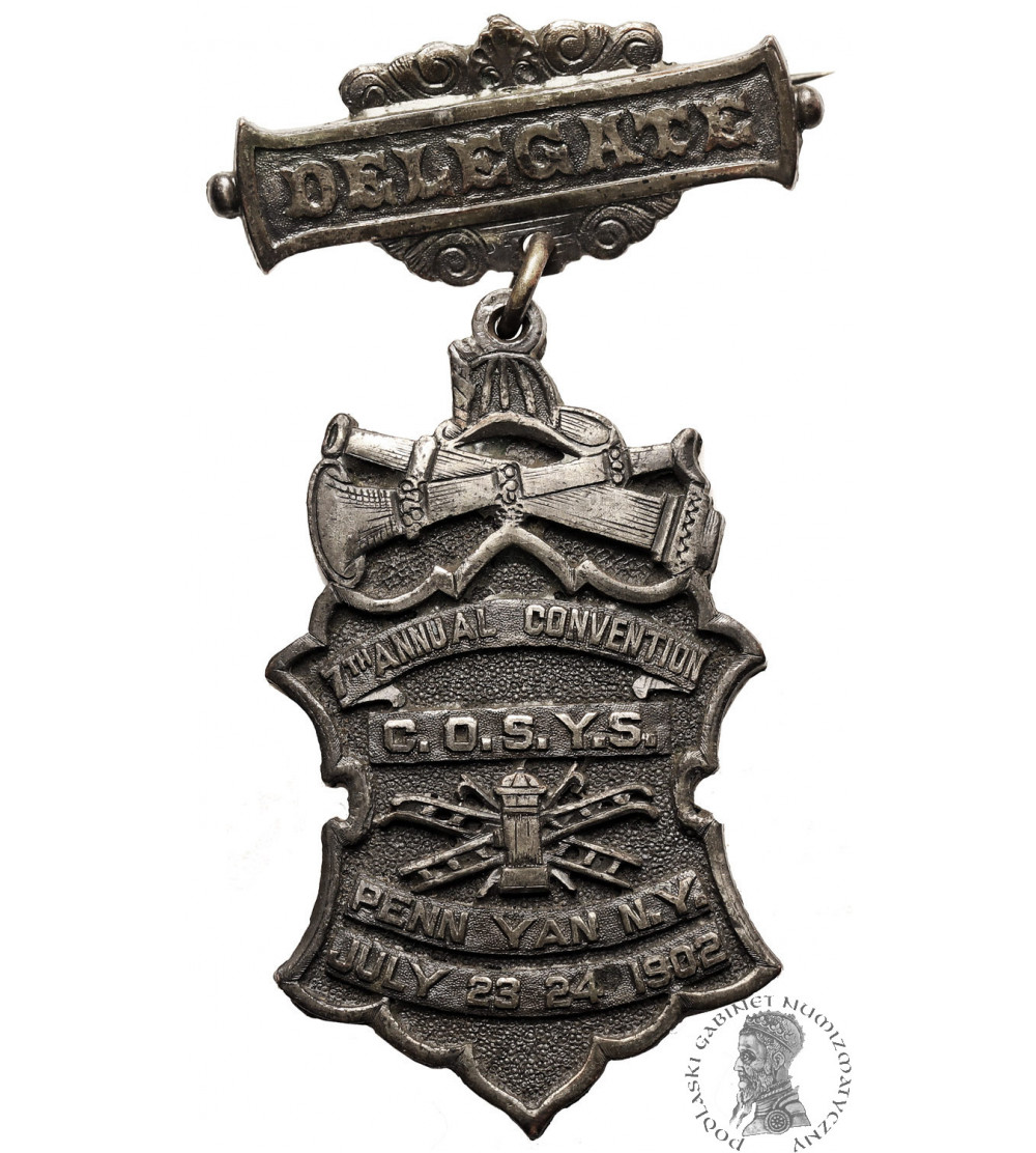 USA, Penn Yan, New York State. Fire Department Delegate Badge to C.O.S.Y.S. 7th Annual Convention 1902 - VINTAGE