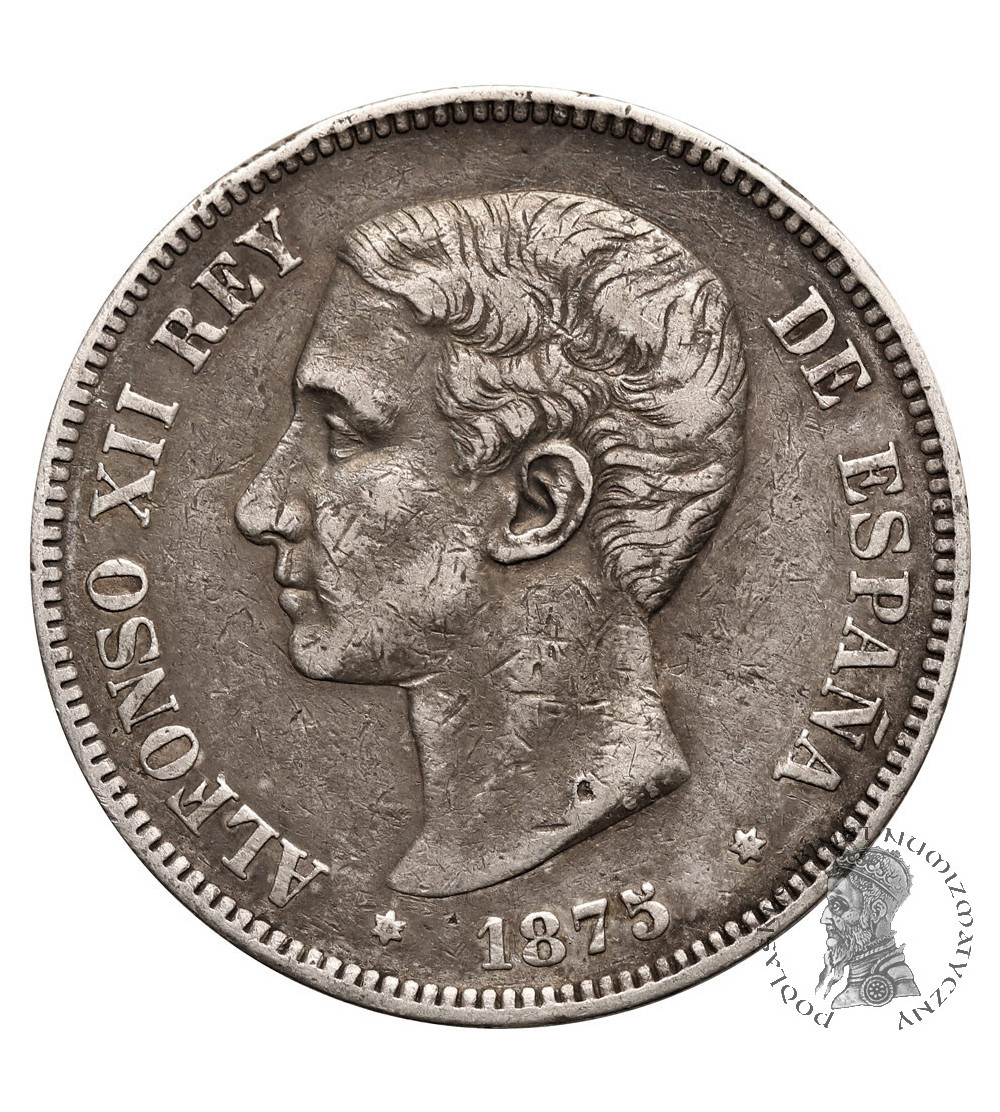 Hiszpania, Alfonso XII (1874-1885). 5 Pesetas 1875 (75) DE-M