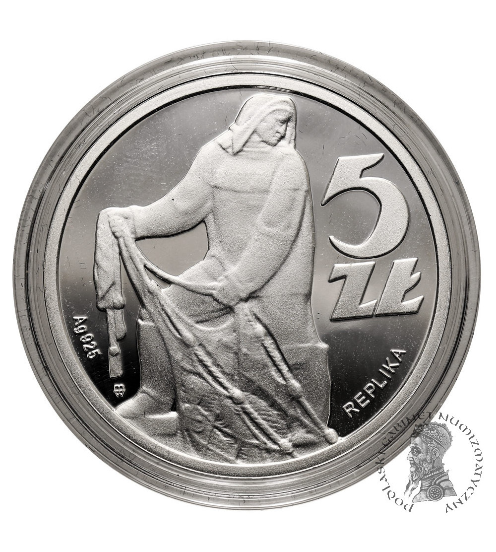 Polska, PRL (1952–1989). 5 złotych 1958 (2012), Rybak, replika niezrealizowanego projektu monety