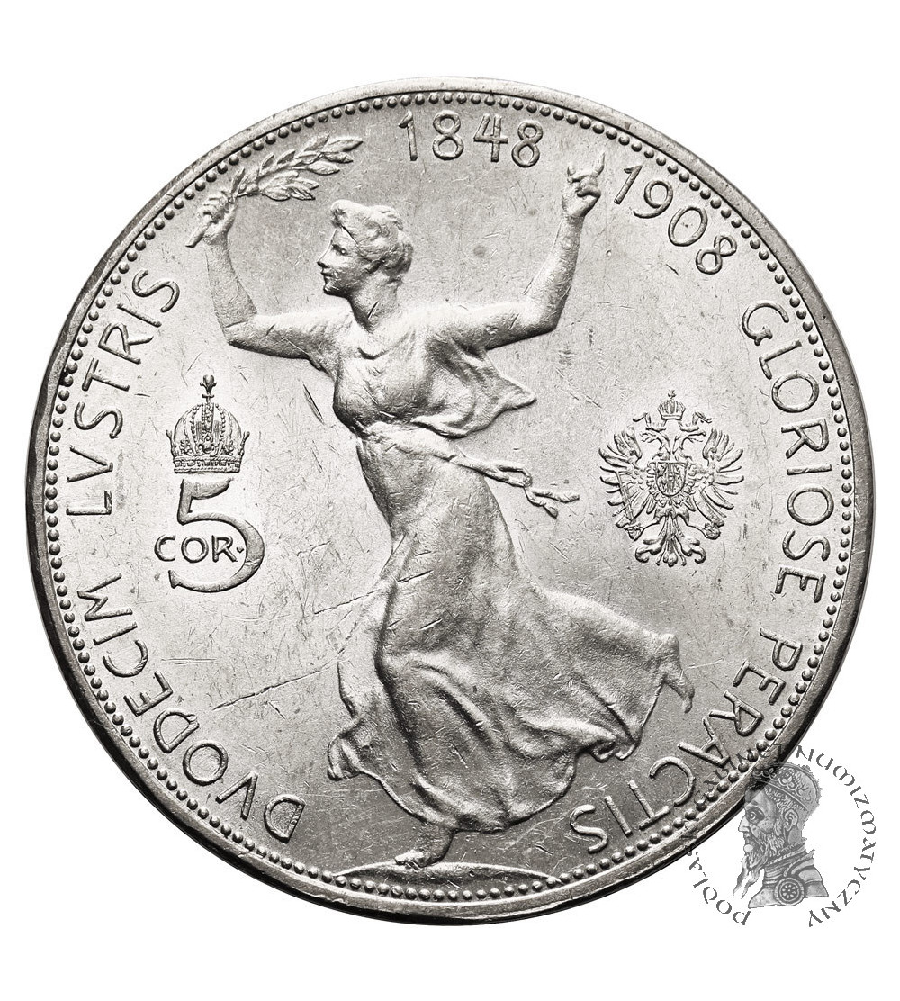 Austria, Franciszek Józef I (1848-1916). 5 koron 1908, Wiedeń, 60 Rocznica Panowania Franciszka Józefa I