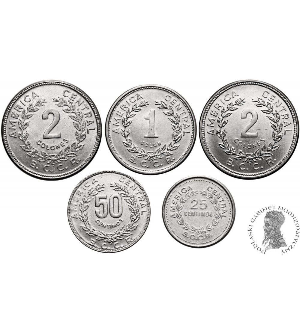 Kostaryka. Zestaw 25 Centimos 1983, 50 Centimos 1990, 1 Colon 1984, 2 Colones 1982 i 1983