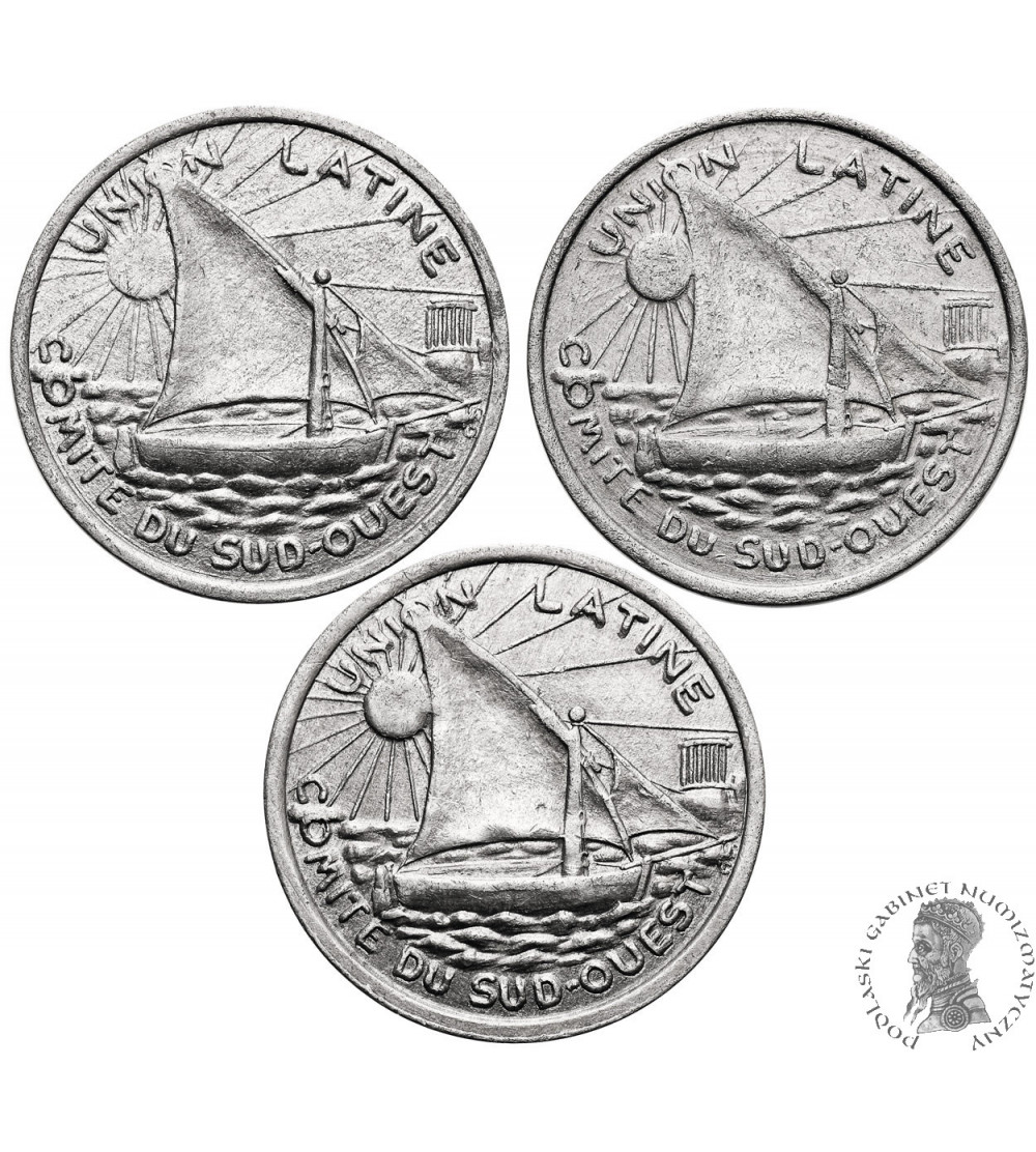 Francja. Monety zastępcze, 25 Centimes 1922 / 1927, 1930, 1933, Union Latine Comité du Sud Ouest - Toulouse Francja. Monety zastępcze, 25 Centimes 1922 / 1927, 1930, 1933, Union Latine Comité du Sud Ouest - Toulouse