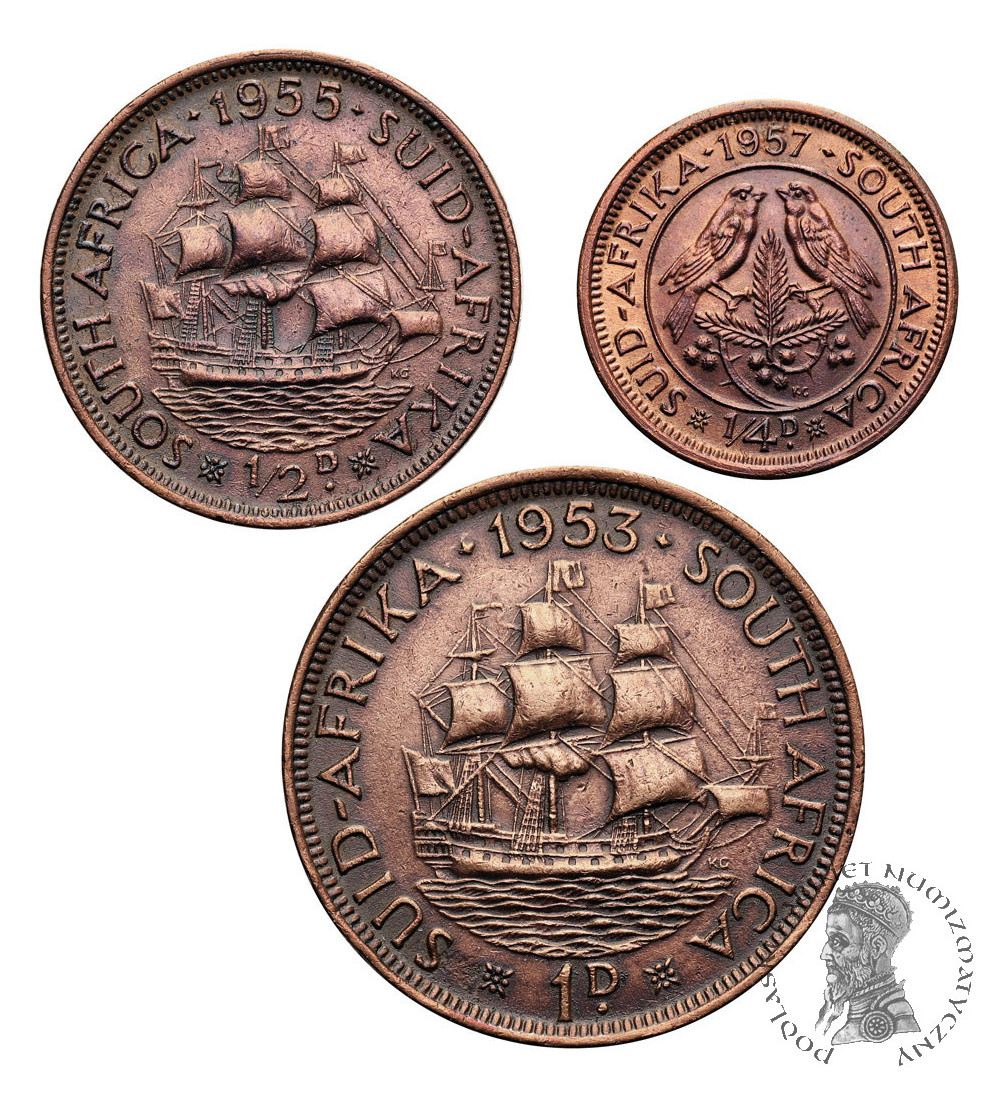 RPA, Elżbieta II (1952-1961). Zestaw 1/4 penny (Farthing) 1957, 1/2 penny 1955, 1 penny 1953 RPA, Elżbieta II (1952-1961). Zestaw 1/4 penny (Farthing) 1957, 1/2 penny 1955, 1 penny 1953