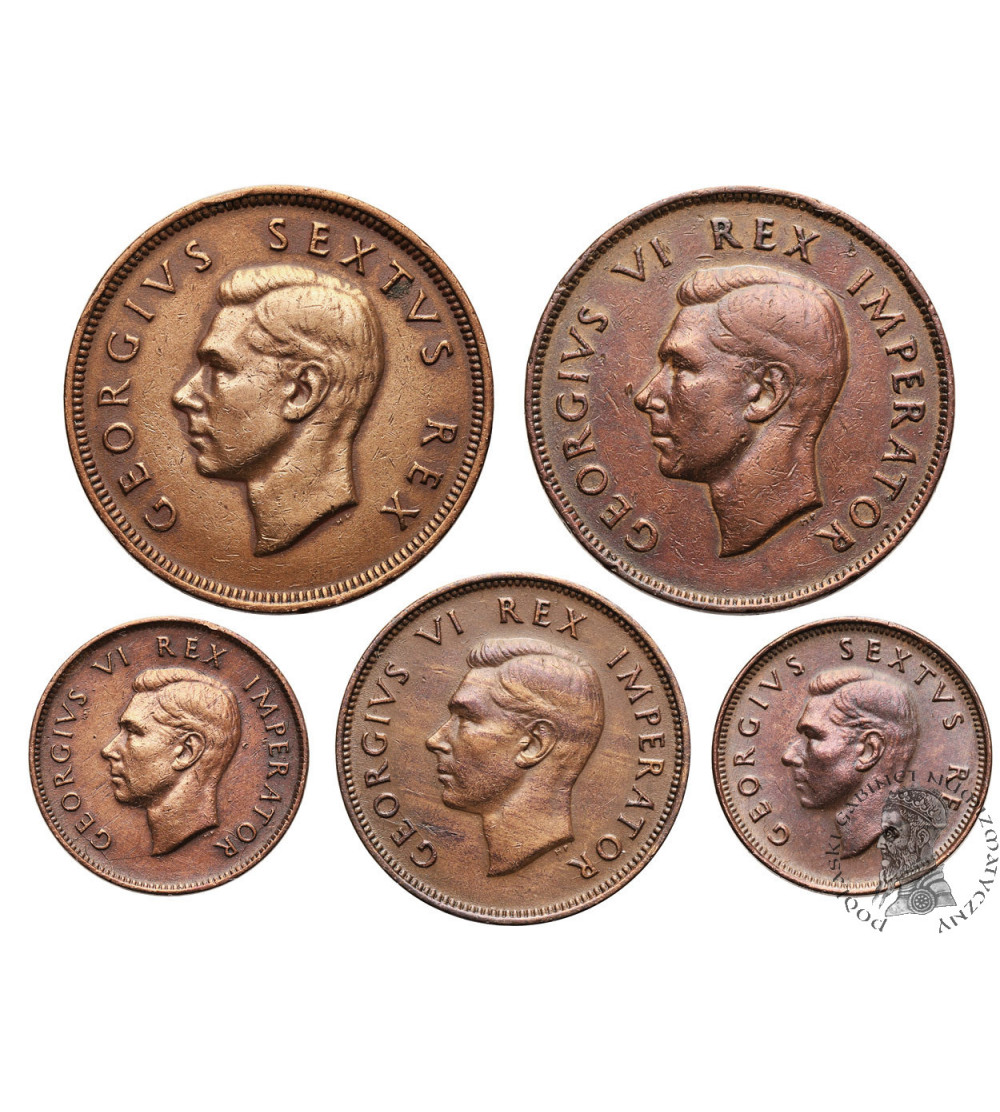 South Africa, George VI (1936-1952). Set of 5 coins: 1/4 Penny (x 2), 1/2 Penny, 1 Penny (x 2) South Africa, George VI (1936-1952). Set of 5 coins: 1/4 Penny (x 2), 1/2 Penny, 1 Penny (x 2)