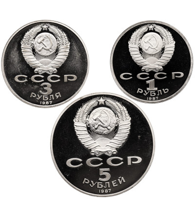 Russia, Soviet Union (U.S.S.R.). Set 1, 3, 5 Roubles 1987, 70th Anniversary of the October Revolution - Proof