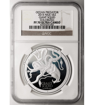 Niue, 2 dolary 2015, Drapieżniki oceaniczne, kałamarnica olbrzymia (1 Oz Ag .999) - NGC PF 70 Ultra Cameo