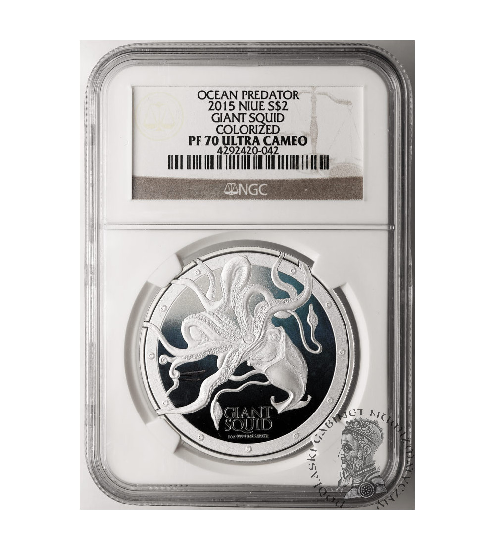 Niue, 2 Dollars 2015, Ocean Predators - Giant Squid (1 Ounce .999 Silver), NGC PF 70 Ultra Cameo