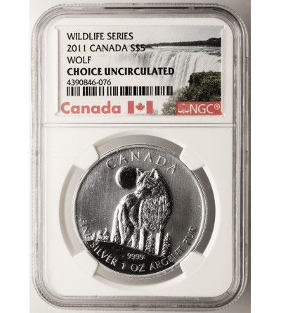 Kanada, Elżbieta II (1952-2022). 5 dolarów 2011, Wilk Algonkiński - NGC UNC