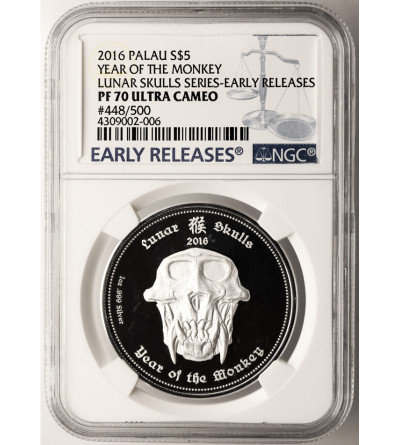 Palau. 5 Dollars 2016, Year of the Monkey - NGC PF 70