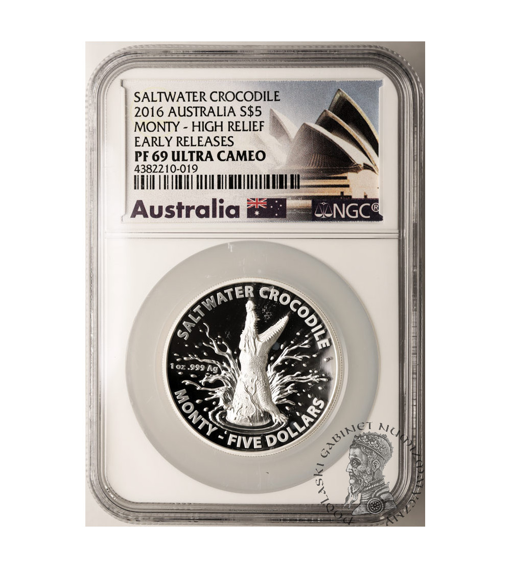 Australia, Elżbieta II (1952-2022). 5 dolarów 2016, Krokodyl Różańcowy - NGC PF 69 Ultra Cameo