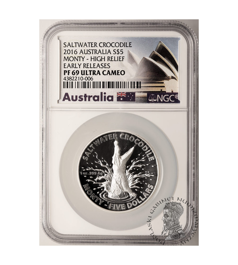 Australia, Elżbieta II (1952-2022). 5 dolarów 2016, Krokodyl Różańcowy - NGC PF 69 Ultra Cameo