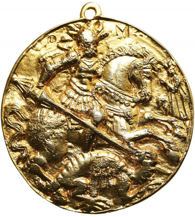 Bohemia, Karlovy Vary. Religious medallion 1718, Mother of God with Child and St. George fighting dragon