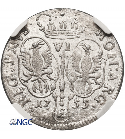 Prusy Wschodnie, Fryderyk II Wielki 1740-1786. Szóstak 1755 E, Królewiec - NGC MS 62