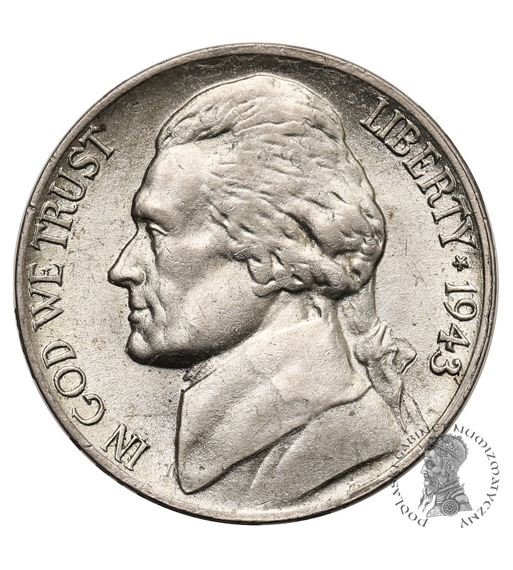 USA. 5 centów 1943 P, Filadelfia,"Jefferson Wartime Nickel" USA. 5 centów 1943 P, Filadelfia,"Jefferson Wartime Nickel"